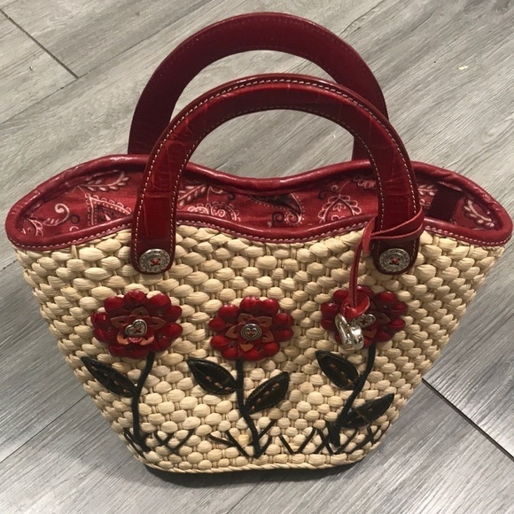 Brighton HandBag With Flowers Red Straw & Leather Tote 13"L x 5"W x 9"H - Picture 1 of 12